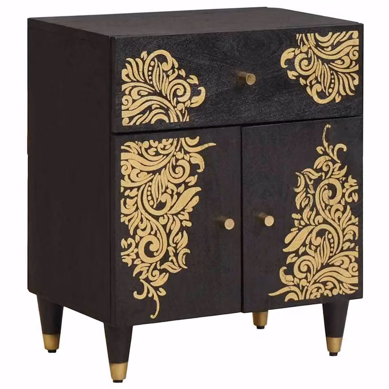 Comodino vidaXL in legno di mango massello con porta, Nero, L 50 x P 33 x H 60 cm