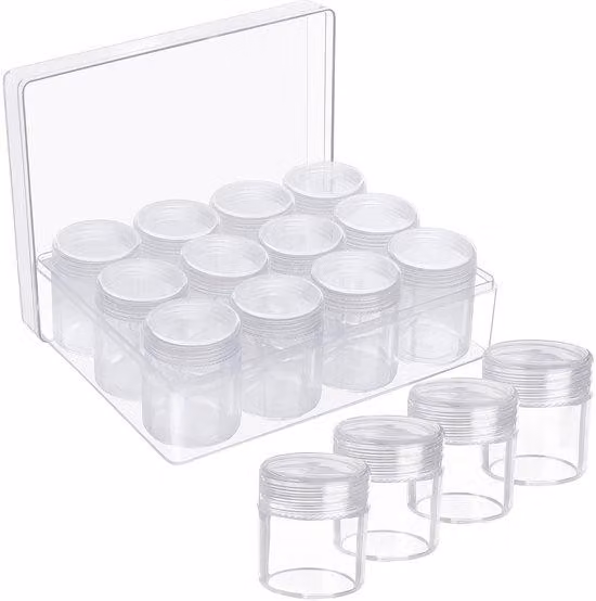 Contenitore trasparente Unyqoos® con 12 contenitori estraibili, dimensioni 16×12×5,3 cm, contenitori di 4,8 cm di altezza, coperchi a vite di diametro 3,8 cm, a prova di perdite