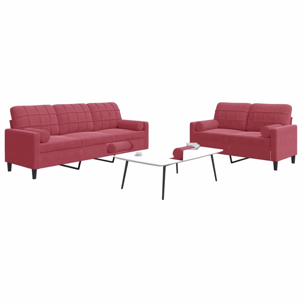 Set di divani vidaXL da 2 e 3 posti in velluto rosso con cuscini e struttura in metallo – 1