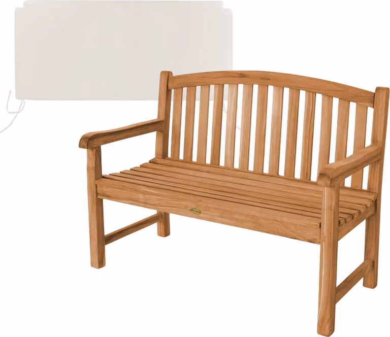 Panca in teak massello, modello Bari, 120 cm, resistente alle intemperie, con cuscino seduta color crema