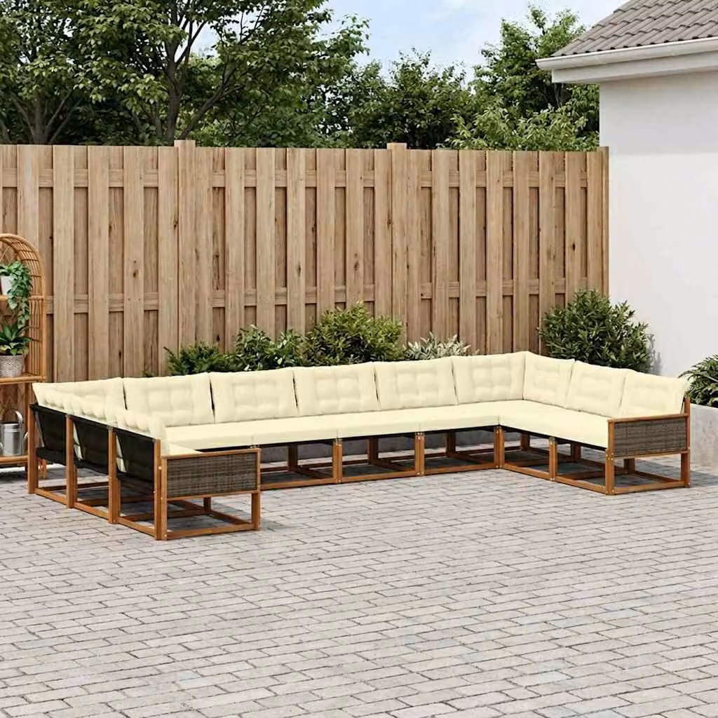 Set di divani da esterno vidaXL a forma di U composto da 10 pezzi in legno di acacia con cuscini rimovibili beige e bianco