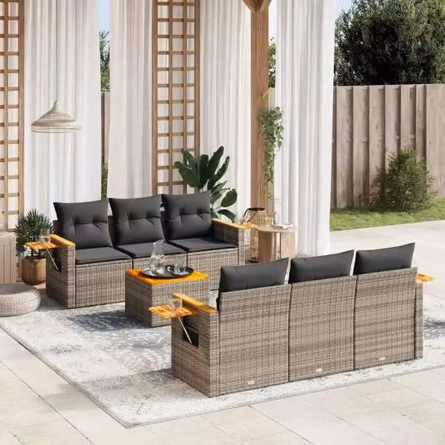 Set Divani da Giardino 7 pz con Cuscini Grigio in Polyrattan 3259036