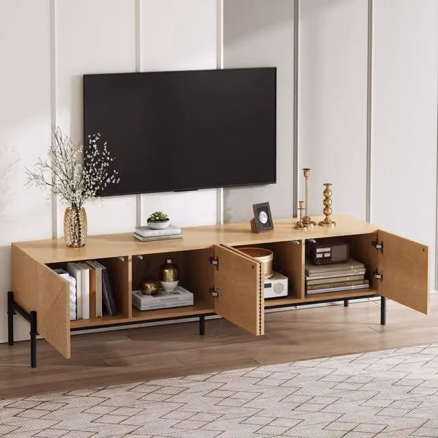 Mobile porta TV OKWISH con 4 ante e vani contenitore, design moderno a struttura geometrica in MDF beige e marrone per il tuo soggiorno, L: 163,5 cm, P: 40 cm, H: 45 cm