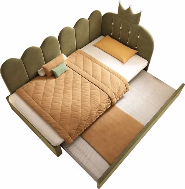 Letto estraibile con design a corona in velluto verde, reversibile e moderno, L/P/H: 90 x 200 cm