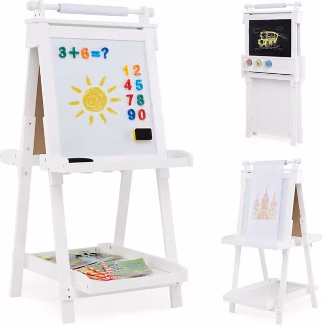 Cavalletto artistico 3 in 1 Design Mania per bambini con lavagna bifacciale, rotolo di carta, vassoi portaoggetti e bicchieri per pittura, Bianco – 1