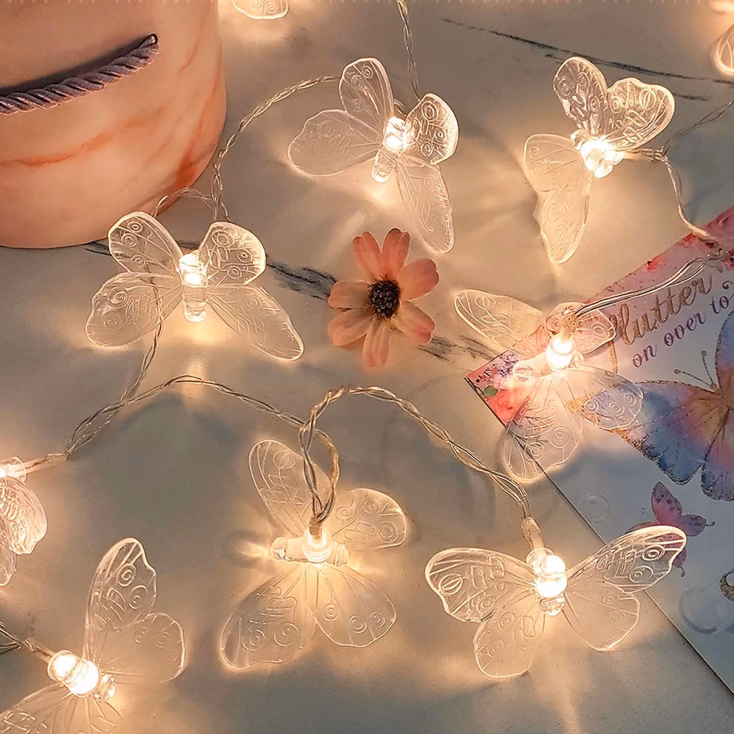 Catena luminosa a forma di farfalla, lunghezza 3 metri, 20 LED, alimentazione a batteria, luce bianco caldo