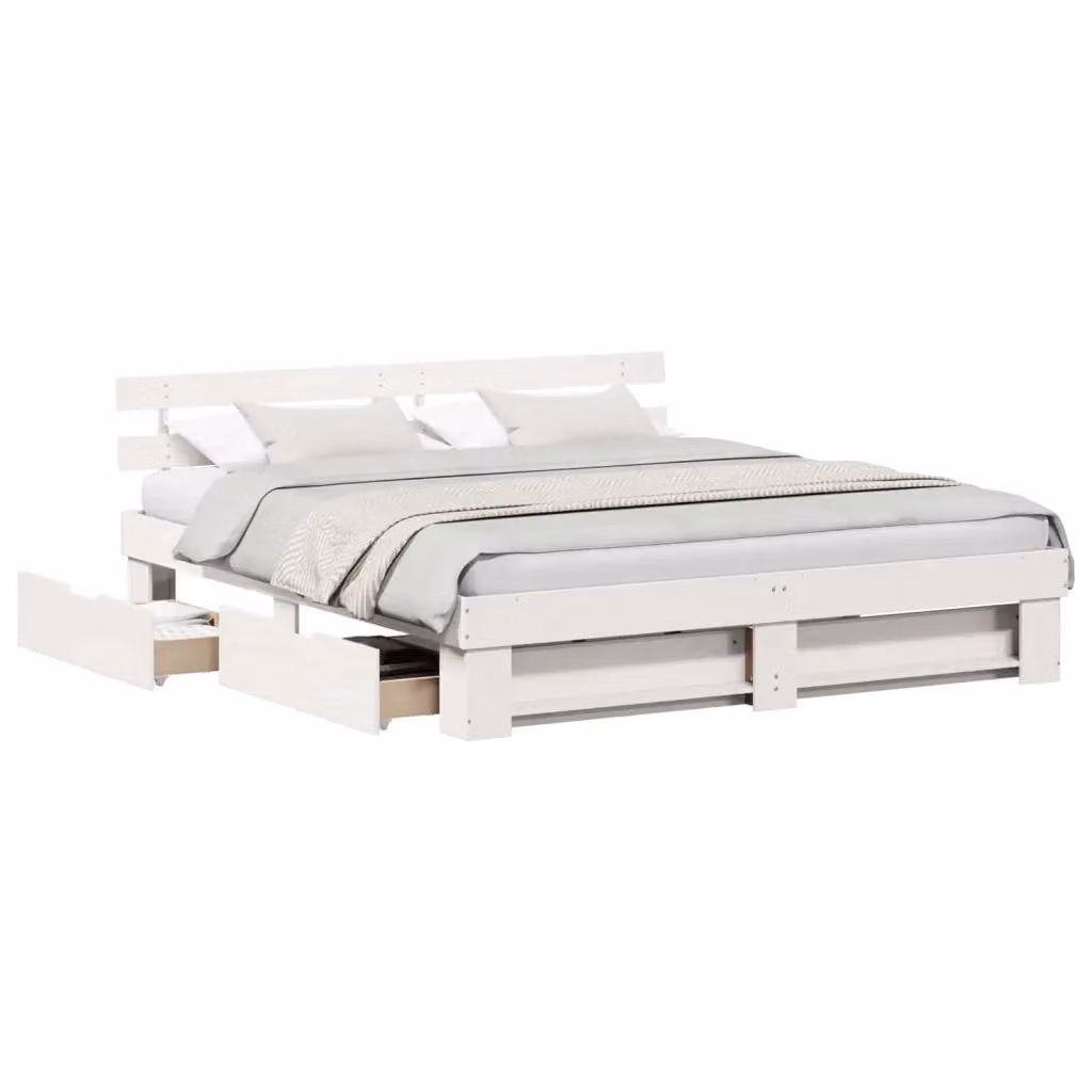 Struttura del letto moderna vidaXL in pino massello bianco con cassetti L: 180 cm, P: 200 cm, H: 103 cm – 2