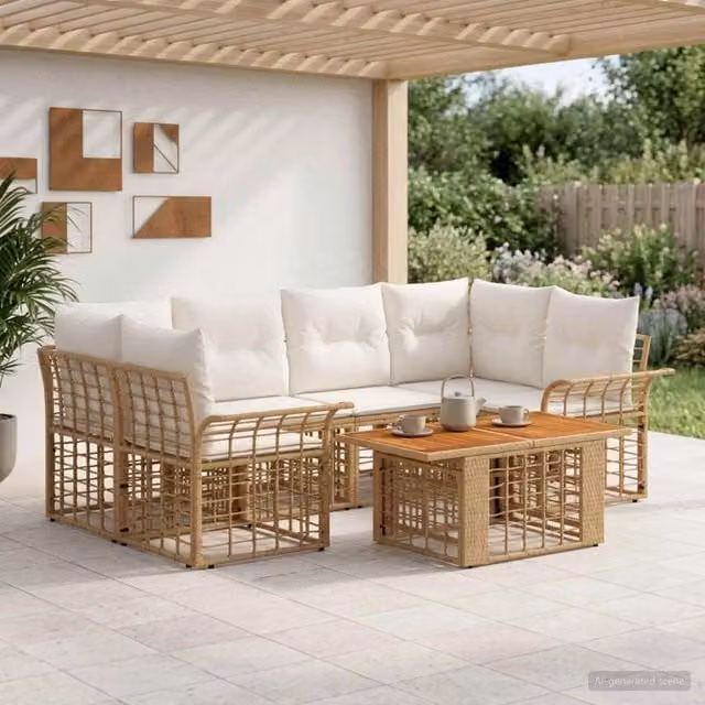 Set Divano da Giardino 7 pz Naturale e Bianco Crema polyrattan 3437952