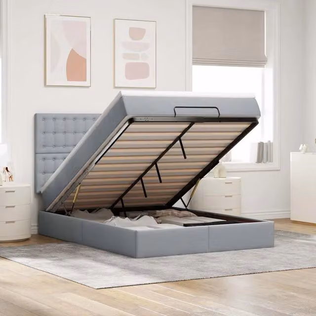 Letto con contenitore a sollevamento vidaXL in tessuto grigio e bianco con materasso L/P: 140 x 190 cm