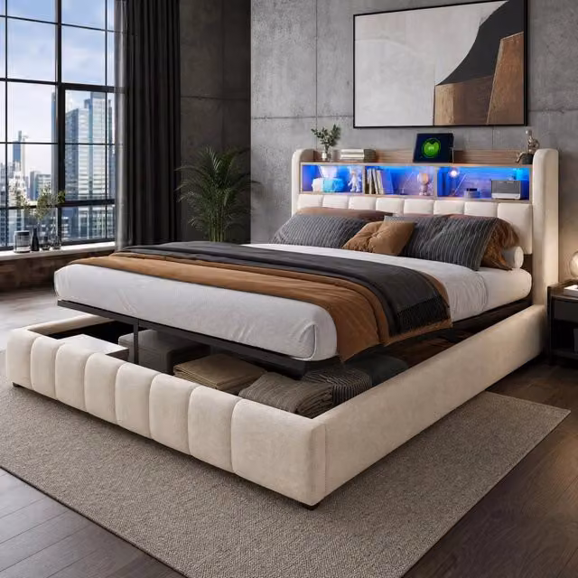 Letto imbottito 180x200 cm beige in tessuto con LED e vano contenitore