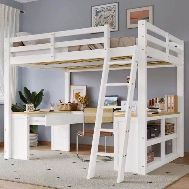 Letto a soppalco per bambini con scrivania a U; pino e MDF; bianco e naturale; letto 140x200 cm