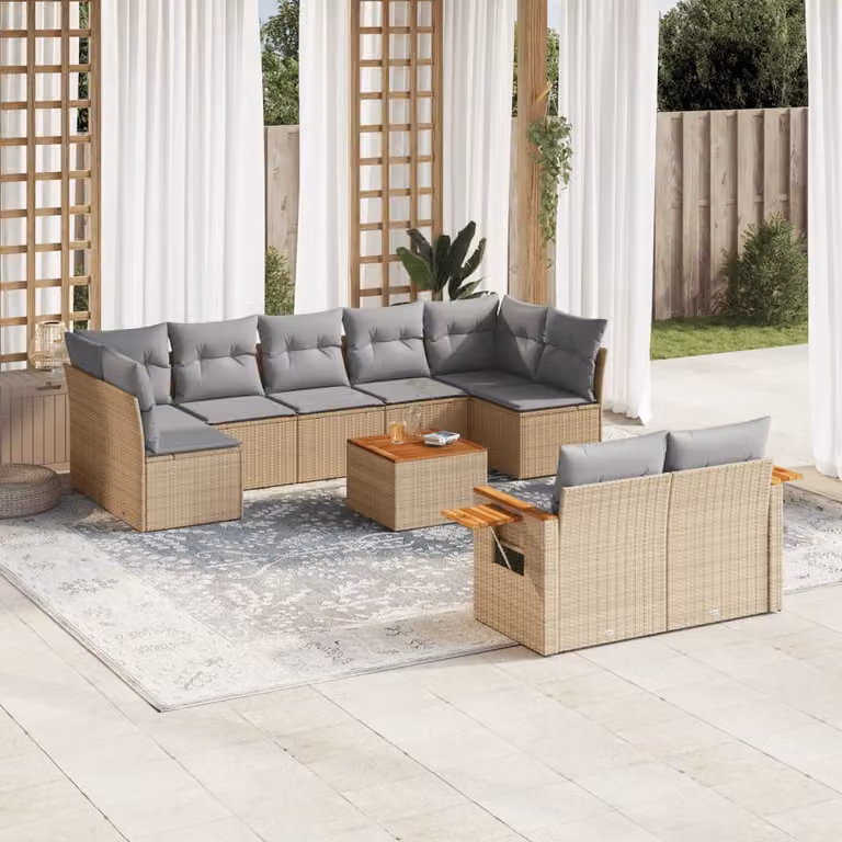 vidaXL Set Divano da Giardino 10 pz a Forma di L in Polyrattan con Cuscini Beige e Tavolino da Esterno