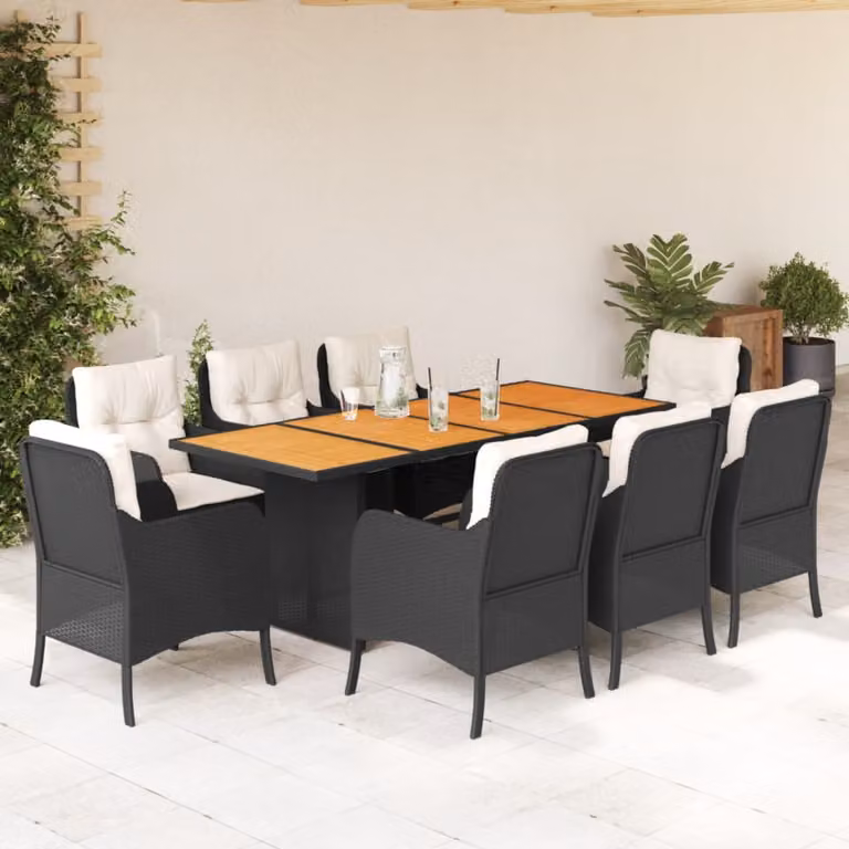 Set da pranzo da giardino vidaXL in polyrattan nero con cuscini e legno di acacia, 9 pezzi