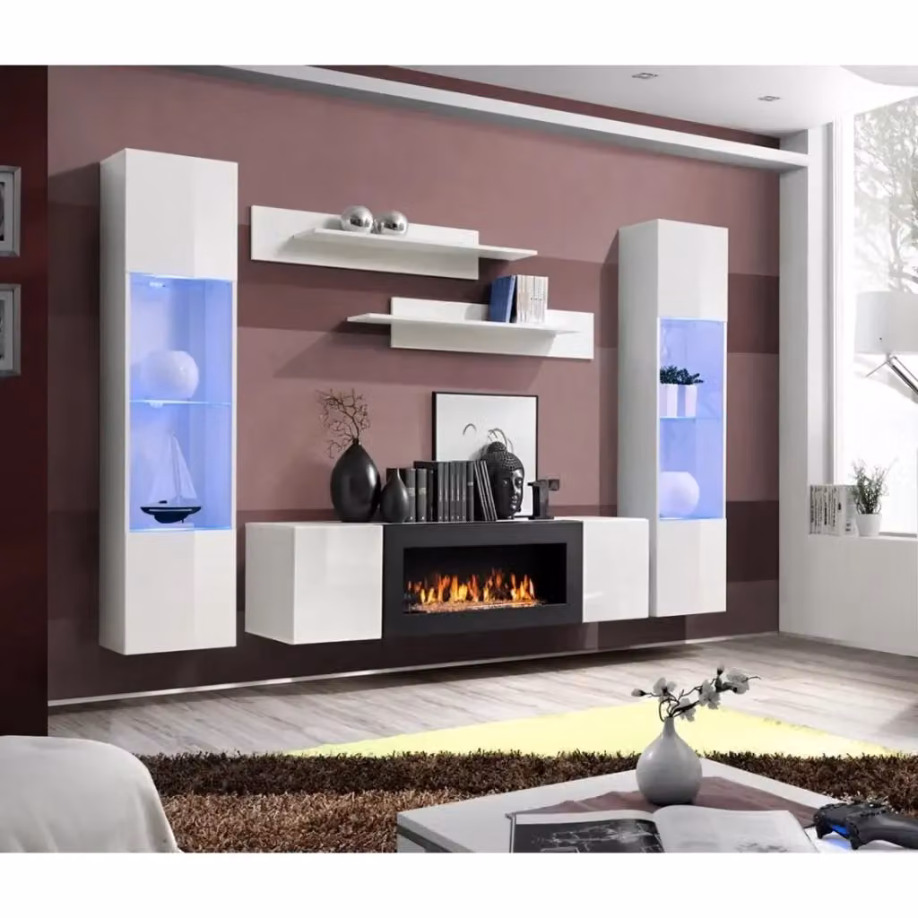 Set di mobili sospesi con camino decorativo collezione FLY M3 Meublorama colore bianco – 2