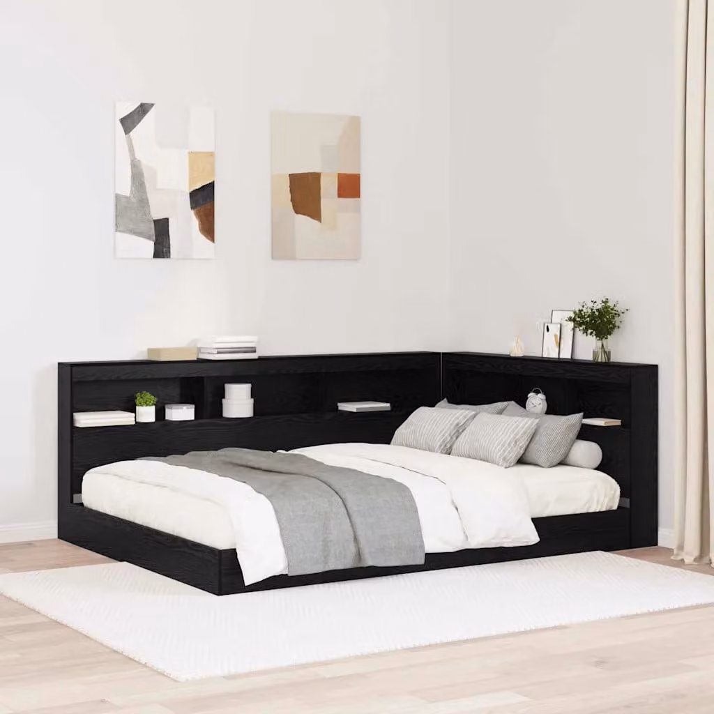Testata letto con contenitore vidaXL in legno ingegnerizzato e metallo, colore nero, con ripiano integrato e porta di ricarica USB, L/P/H: 217.5 x 177.5 x 76.5 cm