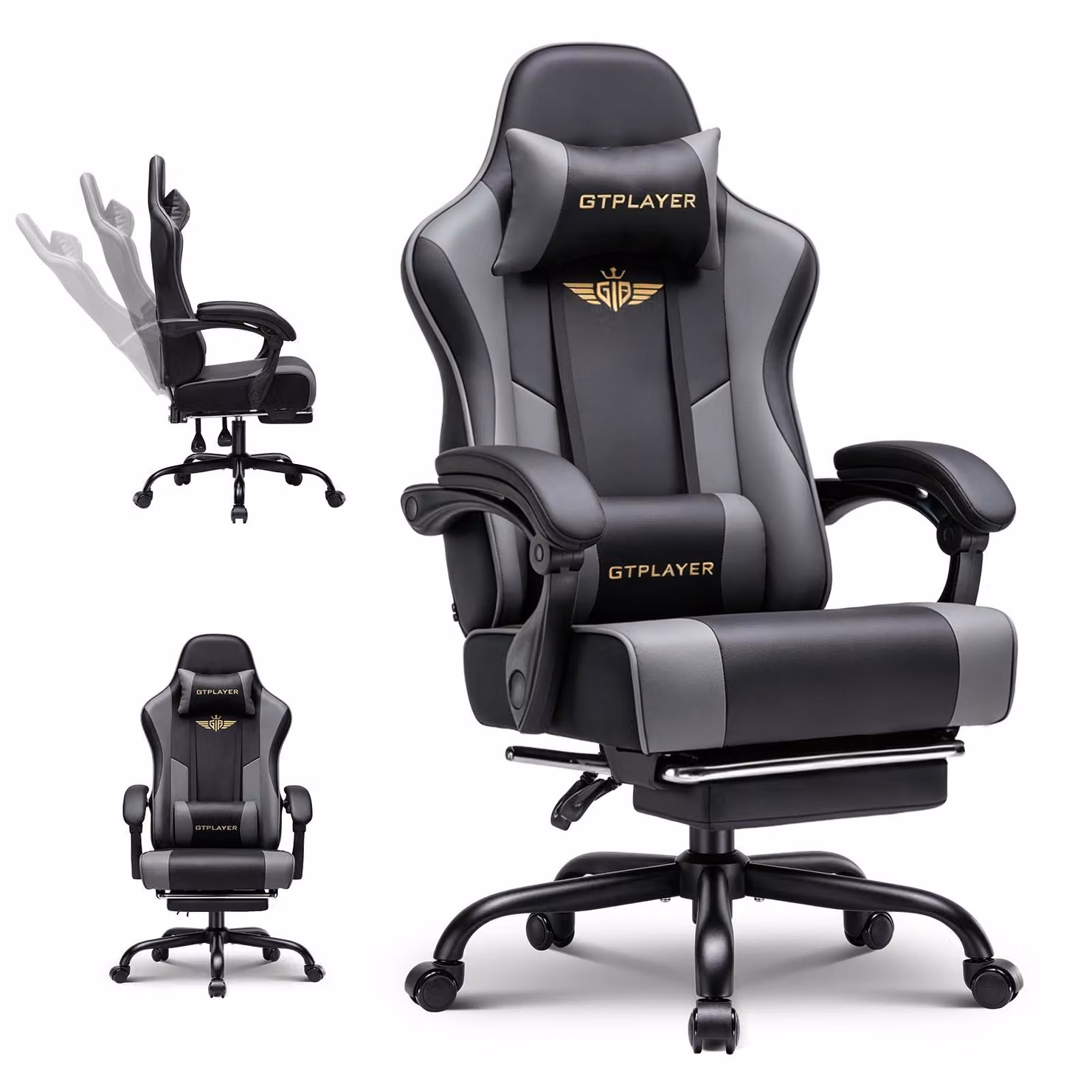 Sedia da gaming GTPLAYER - Sedia da gaming ergonomica con poggiapiedi, poggiatesta e supporto lombare, regolabile in altezza, colore grigio