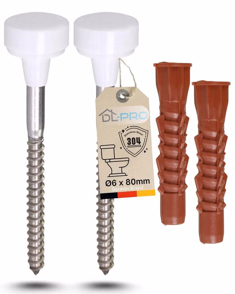 Kit di montaggio per WC a pavimento, composto da: 2 viti da 5,5x85 mm, 2 tasselli da 8x80 mm, 4 copri-viti bianco-cromati