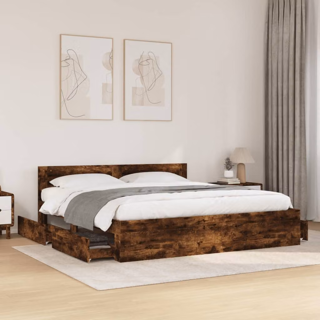 vidaXL Giroletto con Testiera in Rovere Fumo Marrone, L/P/H: 183 x 203 x 69 cm, Legno Multistrato e MDF – 1