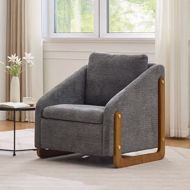 Poltrona moderna MIVRAY in tessuto grigio con braccioli in legno e schienale curvo, L/P/H: 73,5 x 73,5 x 73,5 cm