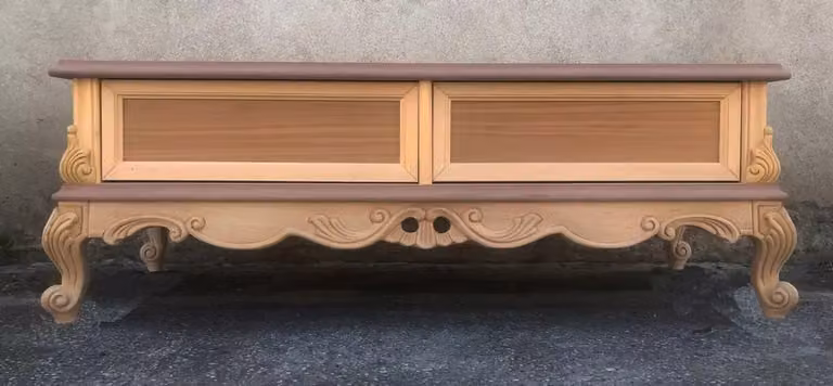 Porta TV classico barocco con 2 cassetti in legno grezzo Mobili 2G L: 118 cm, P: 46 cm, H: 51 cm