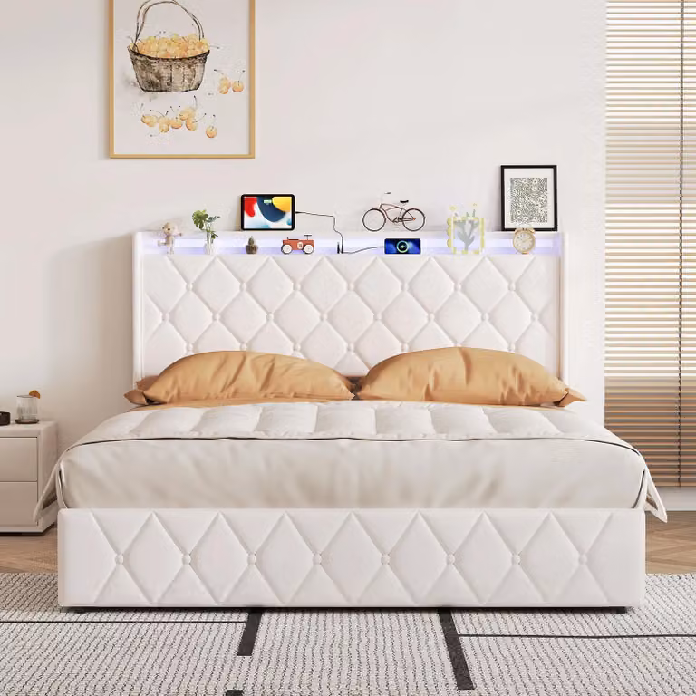 Letto imbottito - Letto matrimoniale 140x200 cm - Spazio contenitore con sistema idraulico - Rivestimento in velluto - Testiera - Struttura a listelli - Colore beige