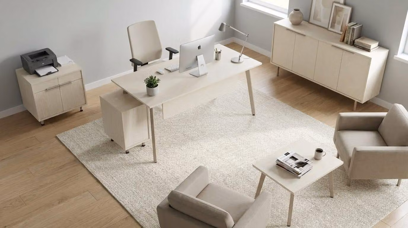 Set moderno per ufficio, composto da scrivania, mobile contenitore e tavolo, con design elegante