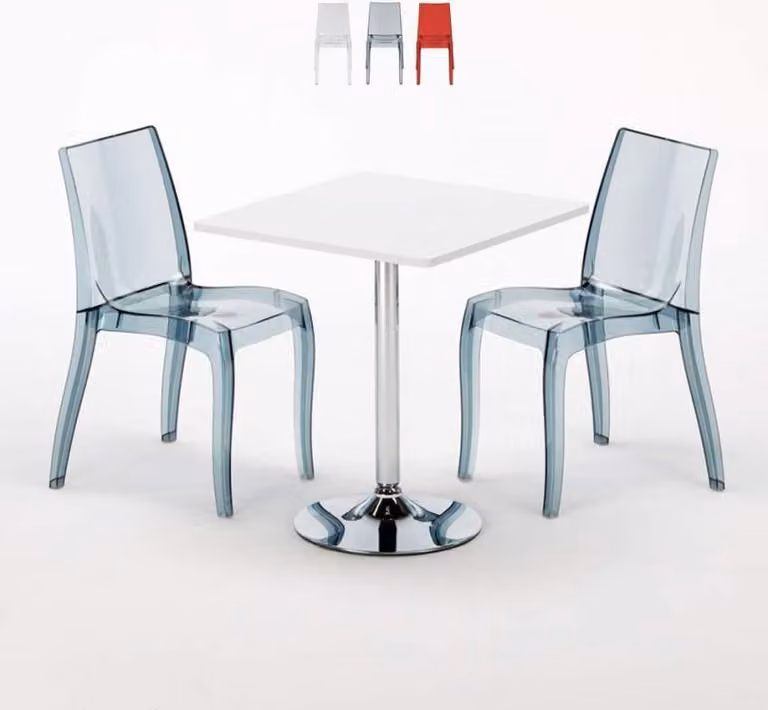 Tavolo quadrato bianco e 2 sedie colorate trasparenti Grand Soleil Cristal Light Titanium - Trasparente Nero Antracite