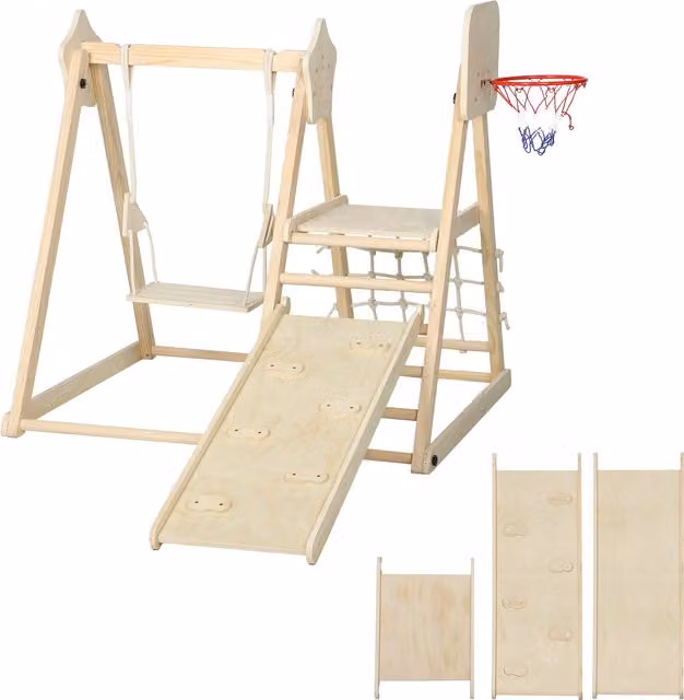 AIYAPLAY Gioco Arrampicata 5 in 1 Pieghevole in Legno con Scivolo, 2 Pareti, Altalena e Canestro, L 140 cm x P 172.5 cm x H 116.5 cm