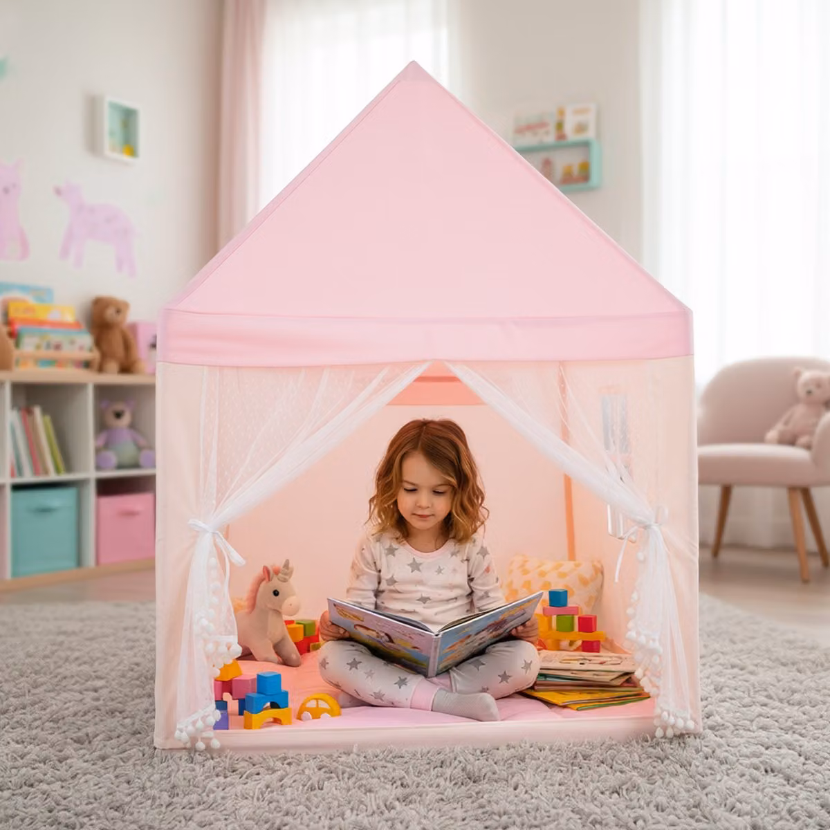 Tenda da gioco per bambini Costway con materassino imbottito, zanzariera e 2 finestre, rosa