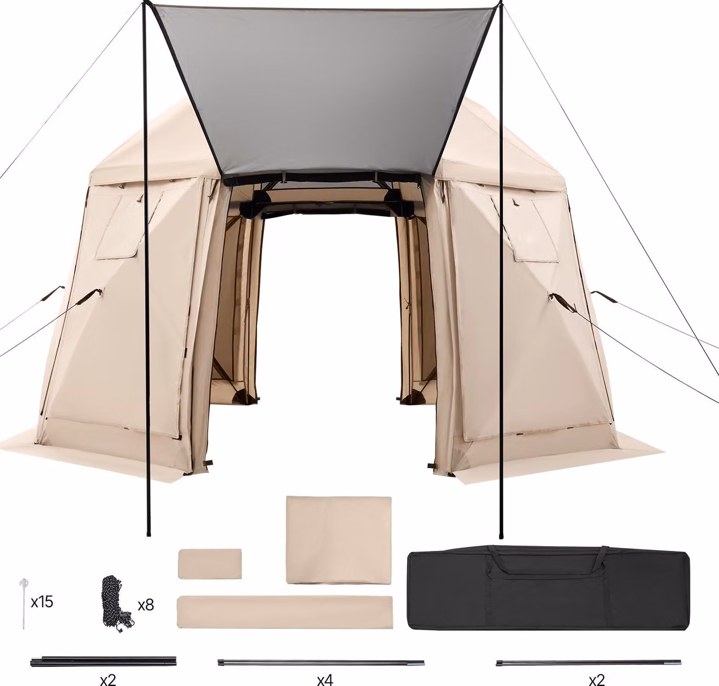 SucceBuy padiglione pop-up 3,6 x 3,6 m, tenda da campeggio sferica a 13 lati con tetto rimovibile e borsa per il trasporto, ventilazione a 360° e protezione solare, tenda per 8-10 persone, Beige