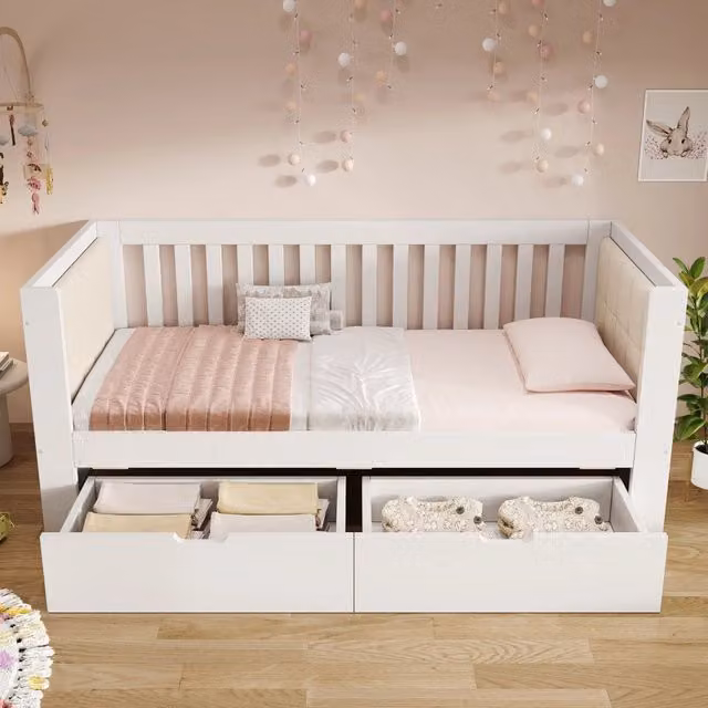Letto singolo a divano 90 × 200 cm con 2 cassetti in legno bianco rete a doghe e schienale imbottito