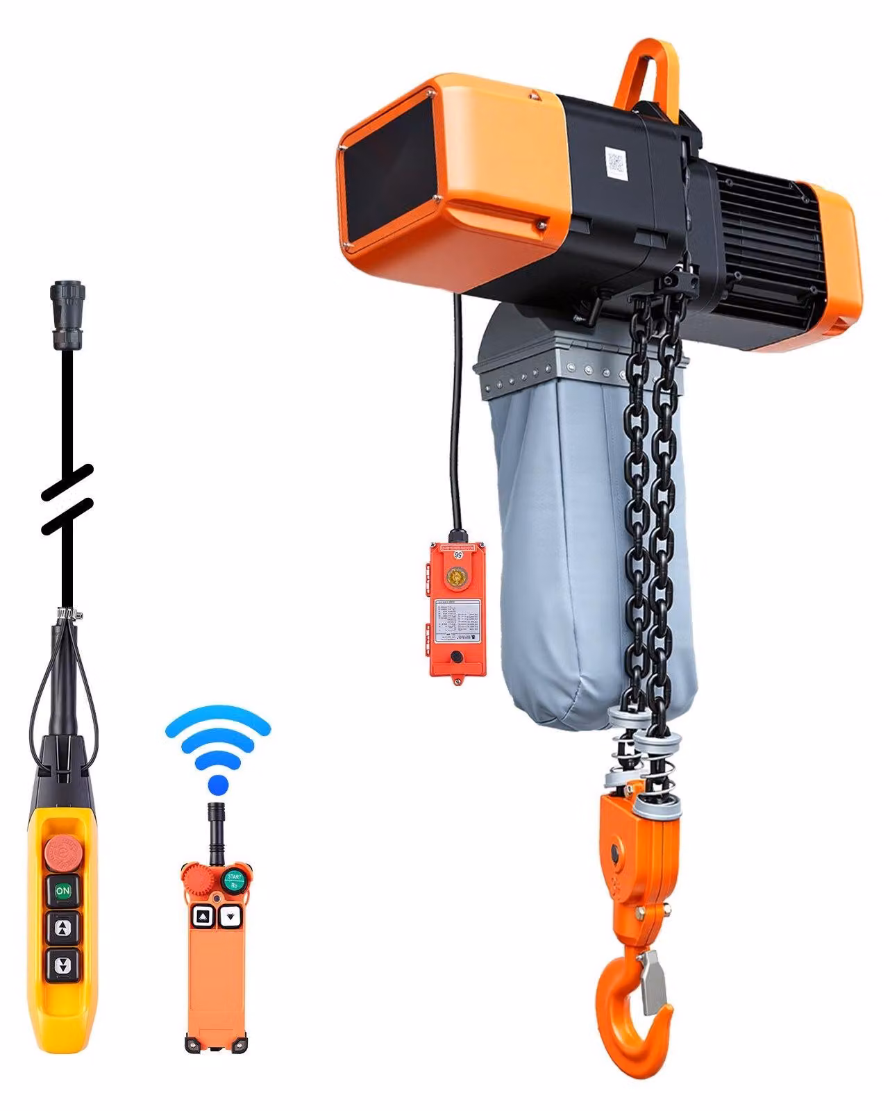 Paranco elettrico a catena - Trifase - Capacità di carico 2721 kg - Altezza di sollevamento 9,1 m - Telecomando radio con portata di 100 m - Telecomando a cavo con portata di 8,2 m - Doppia catena G100 - Arresto di emergenza