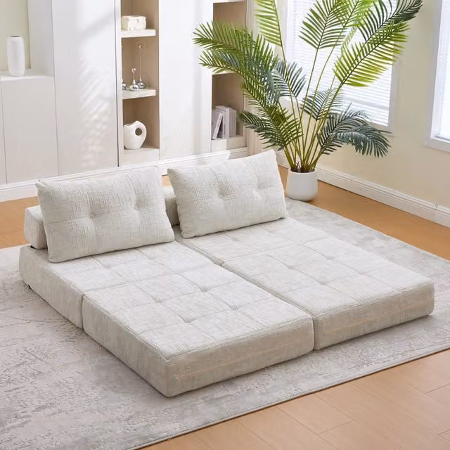 Divano letto pieghevole OKWISH in ciniglia beige con schienale imbottito e cuscini per testa e zona lombare per soggiorno e camera da letto