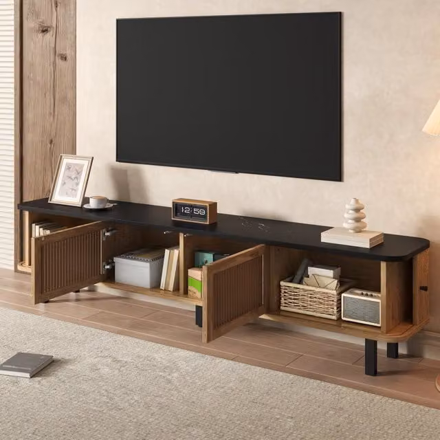 Mobile TV con due ante scorrevoli e anta a griglia in MDF e pannello truciolare color rovere 190 × 35 × 45 cm