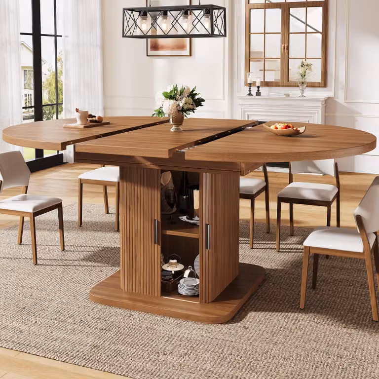 Tavolo allungabile con spazio contenitore, tavolo da pranzo con ante scorrevoli e ripiano estraibile, tavolo da cucina 110-150x110x75 cm, noce