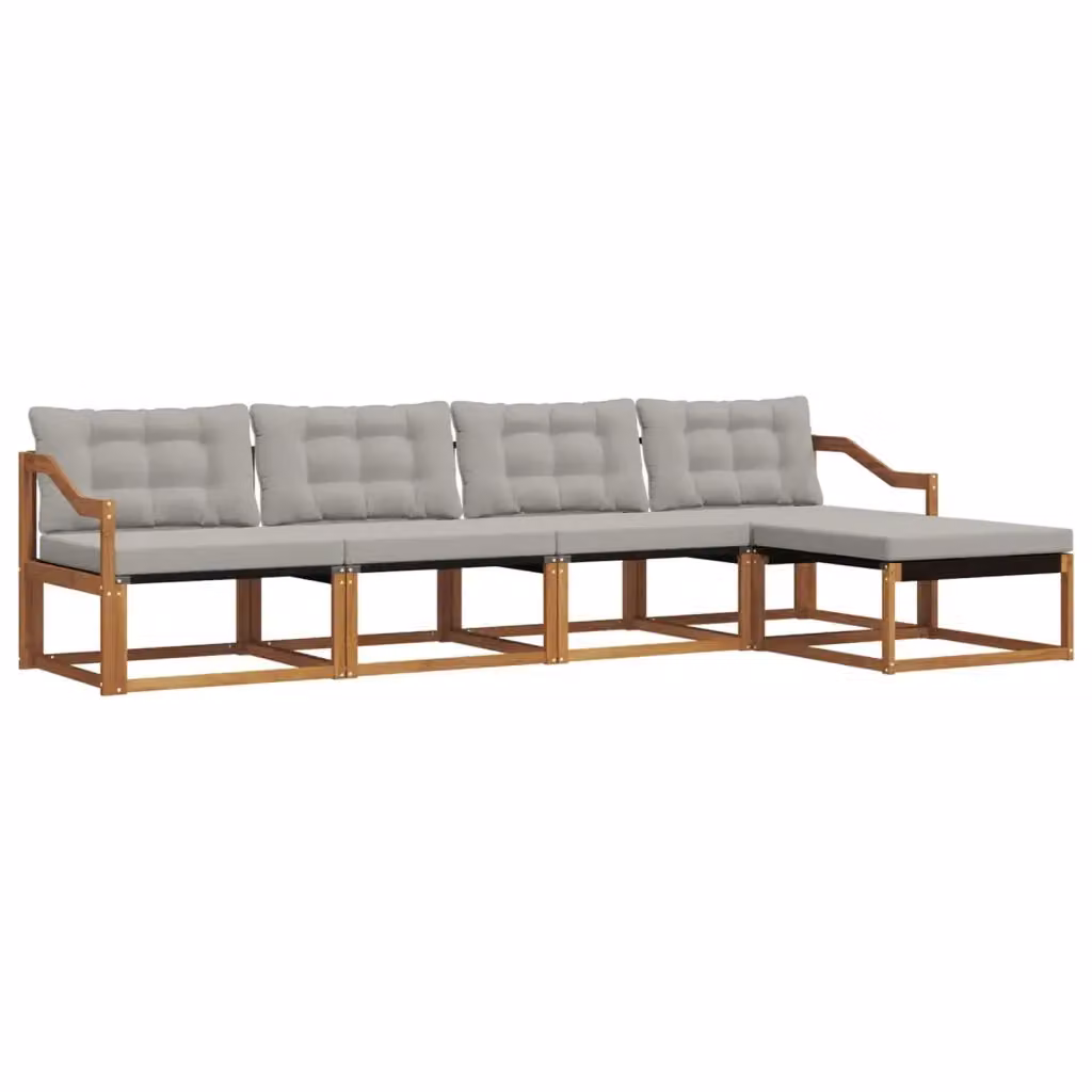 Set di divani da esterno a L con pouf vidaXL in legno di acacia e tessuto textilene, beige e grigio – 2