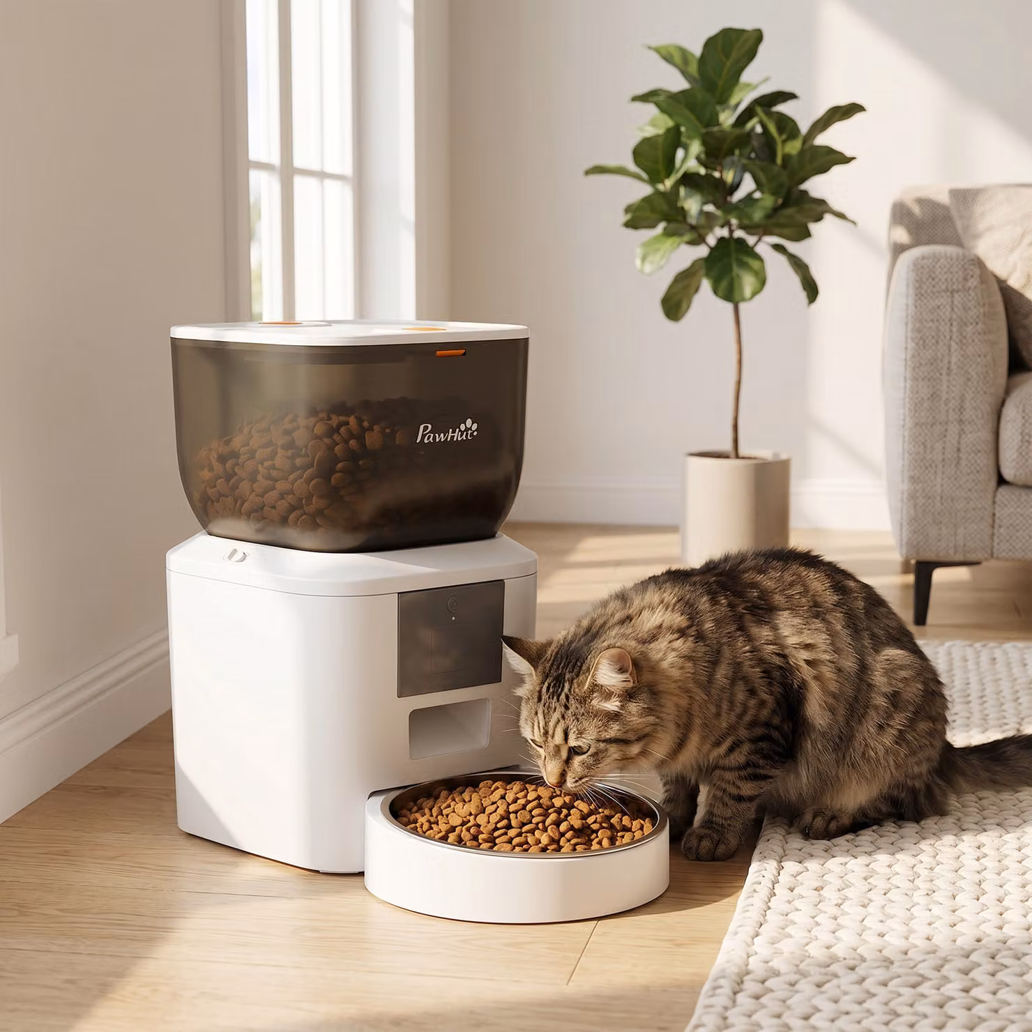 Distributore Automatico di Cibo per Gatti PawHut da 4L con Controllo WiFi 2,4G tramite App e Registratore Audio 10s, Bianco – 2