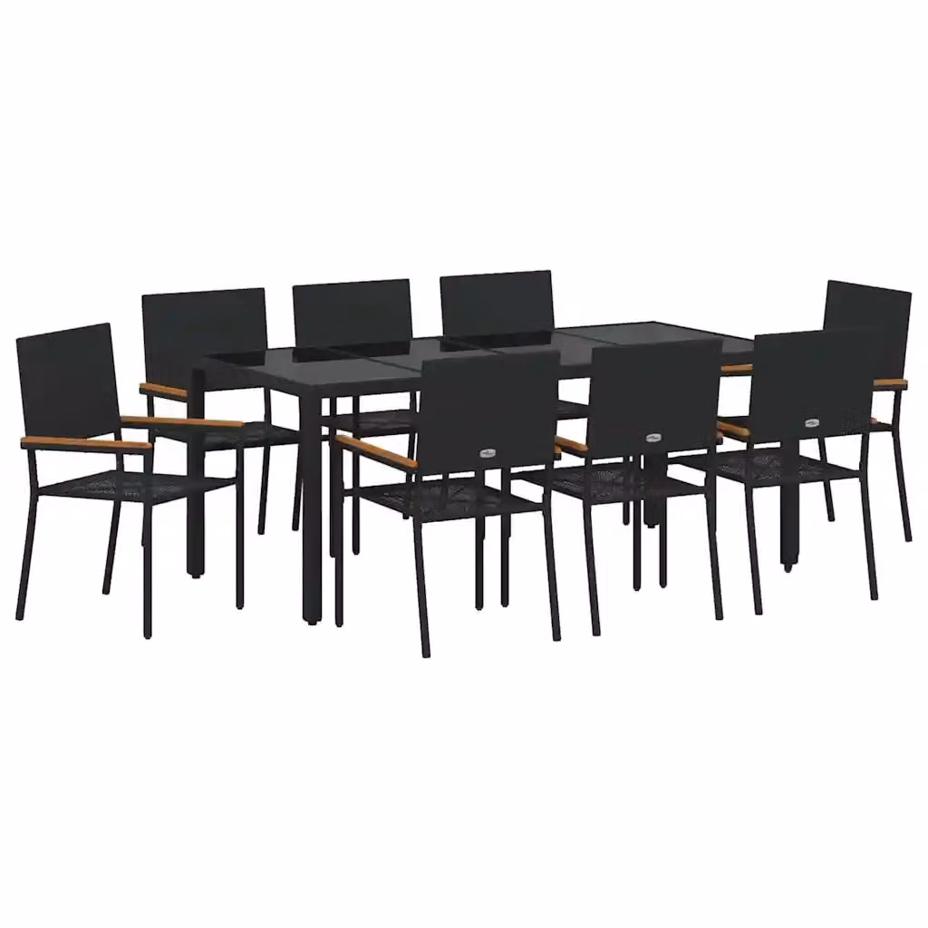 Set da pranzo per giardino vidaXL in polyrattan e legno di acacia nero e marrone con tavolo in vetro per 9 persone – 2