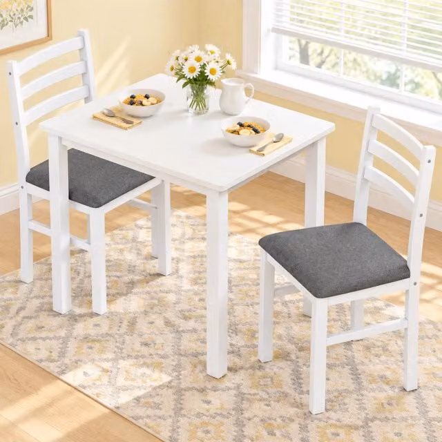 Set da pranzo 3 pezzi con tavolo in MDF bianco e 2 sedie imbottite per spazi compatti