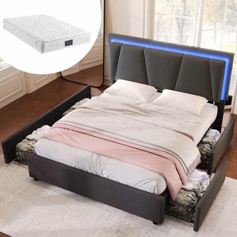 Letto imbottito MODFU, modello funzionale 160 x 200 cm con illuminazione a LED e testiera regolabile in altezza, letto matrimoniale con contenitore dotato di 4 cassetti, tessuto di lino grigio (con materasso)