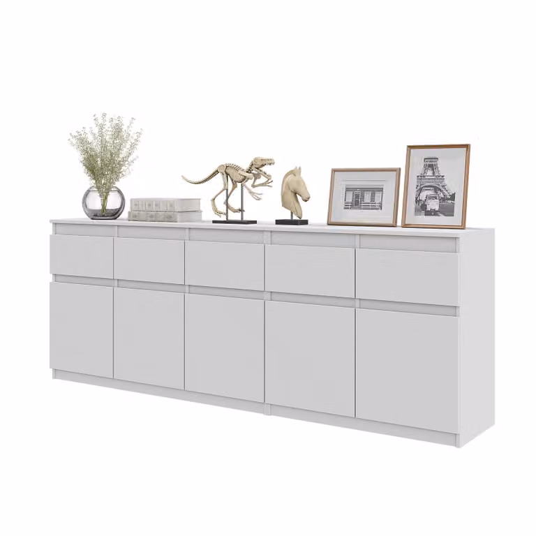 Set Di Due Cassettiere (120 + 80 Cm) Bianco Opaco, 5 Cassetti, 5 Ante, 5 Ripiani, 200 Cm