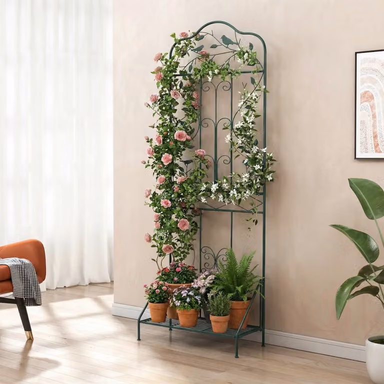 Graticcio da giardino Costway per piante rampicanti con ripiano pieghevole e recinzione ornamentale in metallo, Verde scuro