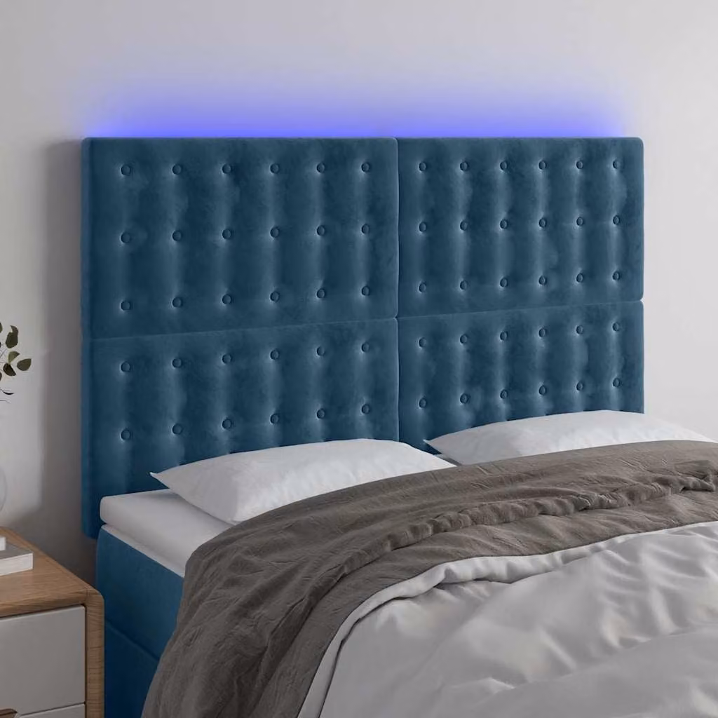 Testiera per letto vidaXL in velluto blu con illuminazione LED e porta di ricarica USB, L: 144 cm, P: 5 cm, H: 118-128 cm
