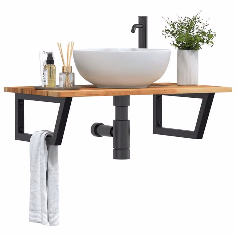 vidaXL Ripiano da parete per lavabo in acciaio e legno di acacia oliato, nero e marrone