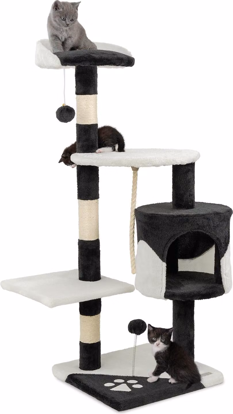 tiragraffi lionto per gatti alto 112 cm, con grotta, corda in sisal, palline di peluche e supporto da parete, albero da arrampicata compatto, nero/bianco