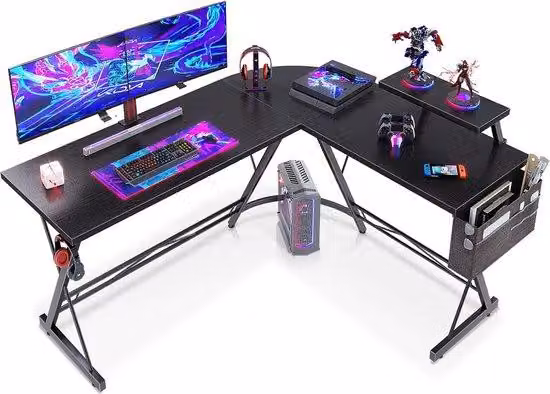 Uniqoos® Scrivania a forma di L per gioco e studio – Scrivania angolare nera con angoli arrotondati, supporto per monitor, 147 x 120 cm