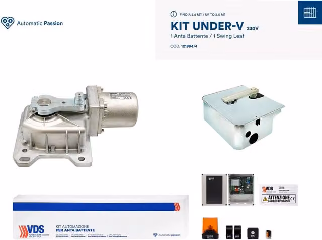 Kit per un'anta di cancello a battente VDS Under-V 230V in acciaio zincato argento, larghezza 2,5 m