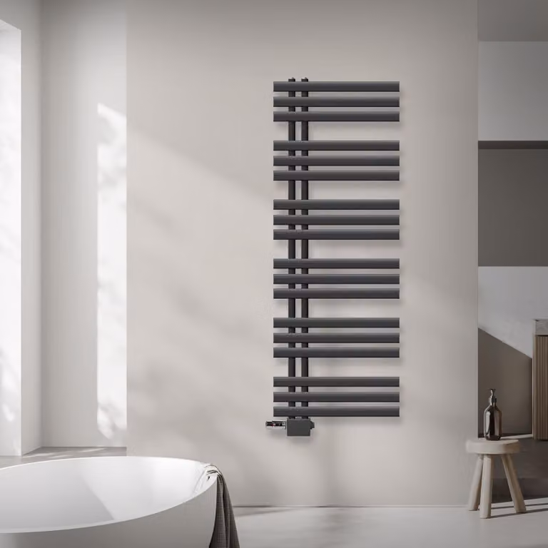 Radiatore da bagno LuxeBath Design, 500x1400 mm, antracite, set di collegamento termostatico universale ad angolo e passante, senza elemento riscaldante