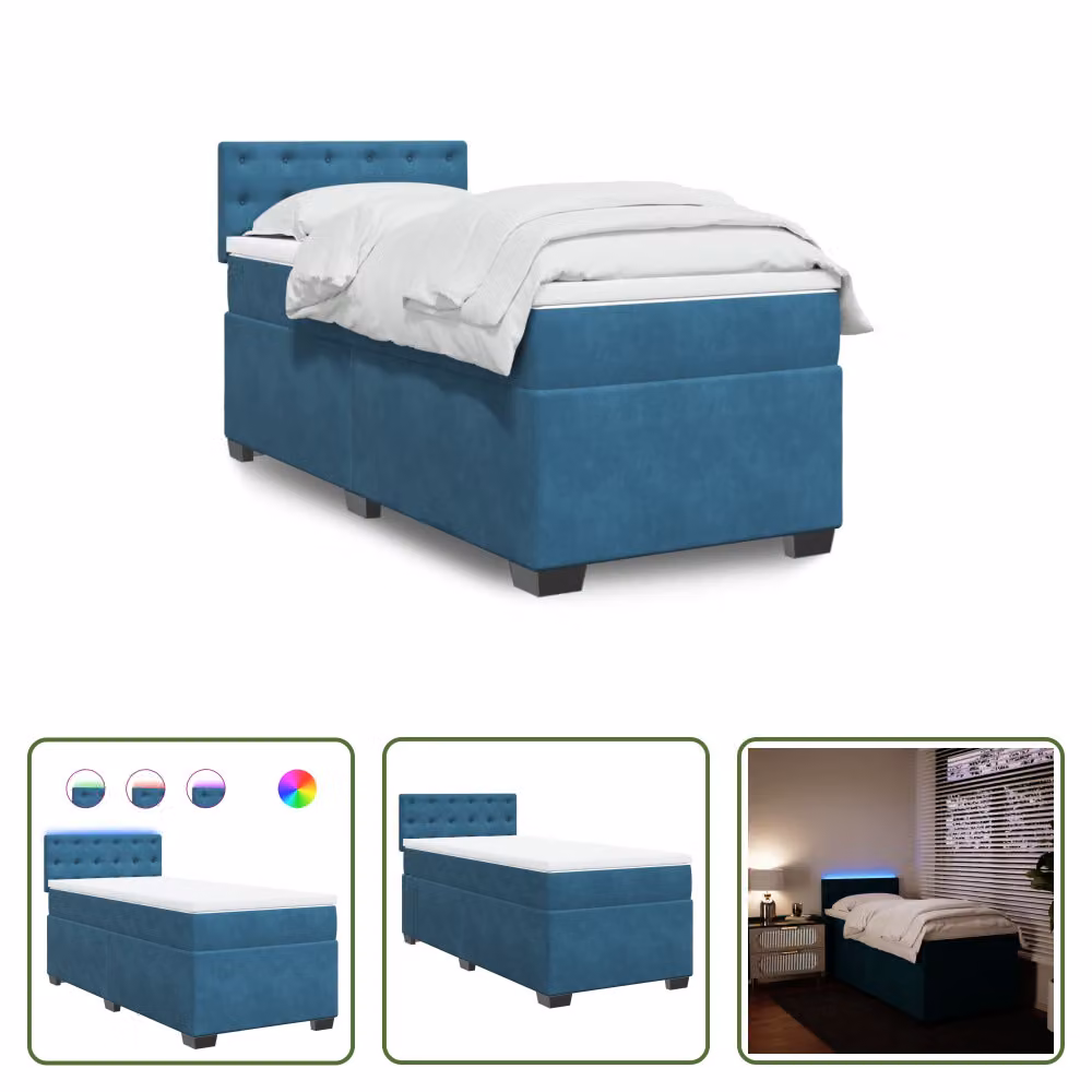 The Living Store Letto a molle con materasso blu 100x200 cm in velluto
