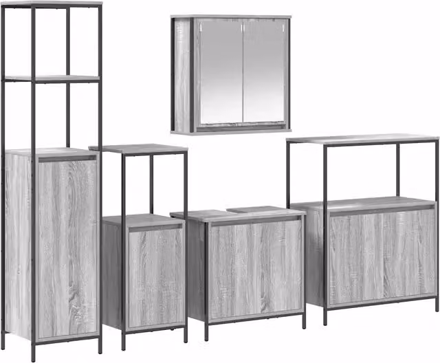 Set di mobili per il Bagno | Armadio da bagno con porta 5 pz Grigio Sonoma e Nero